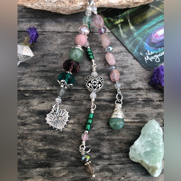 Floral Rose Quartz Aventurine Gemstone Purse Charm Keychain / Car Mirror Charm - Picture 3 of 15